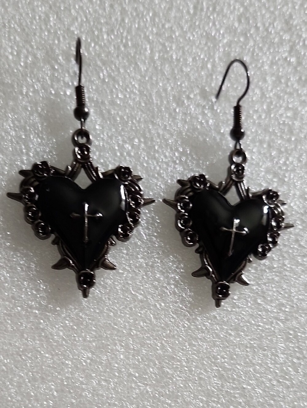 Hand Crafted Black Heart and Cross Dangle Earrings